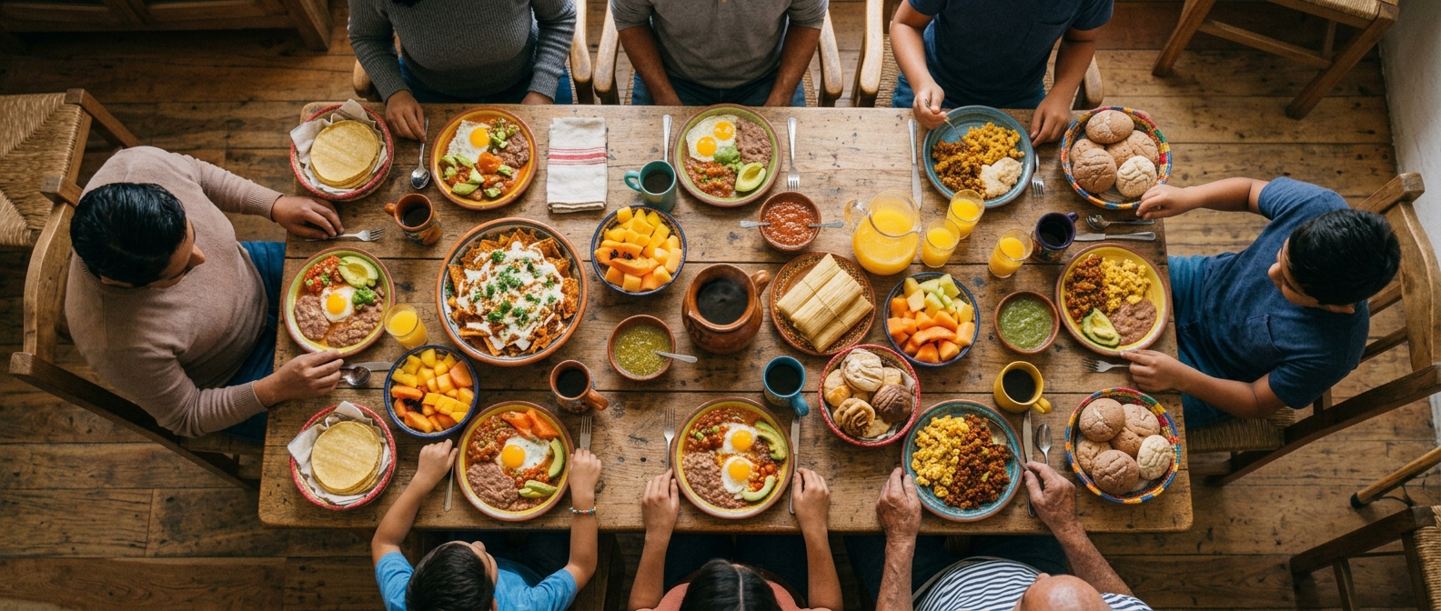 Family gathered around a breakfast table, reaching for dishes of Mexican food